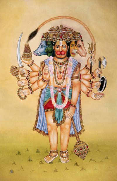 Panchmukhi Lord Hanuman Miniature Painting on Paper by School Indian
