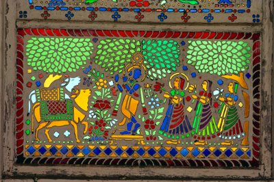 Radha Krishna with Sakhi on Stained Glass by School Indian