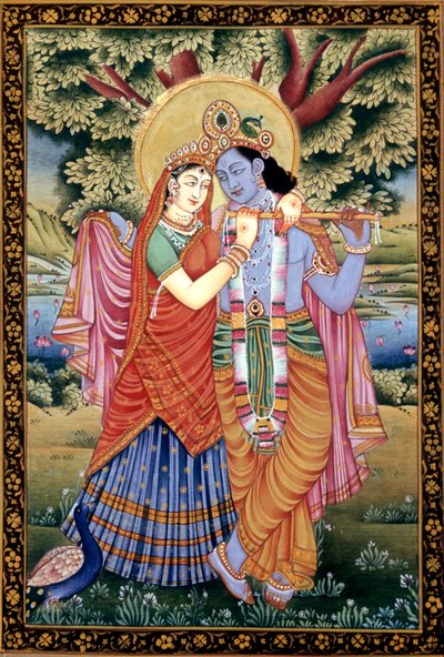Radha and Krishna Love Scene Miniature Painting on Paper by School Indian