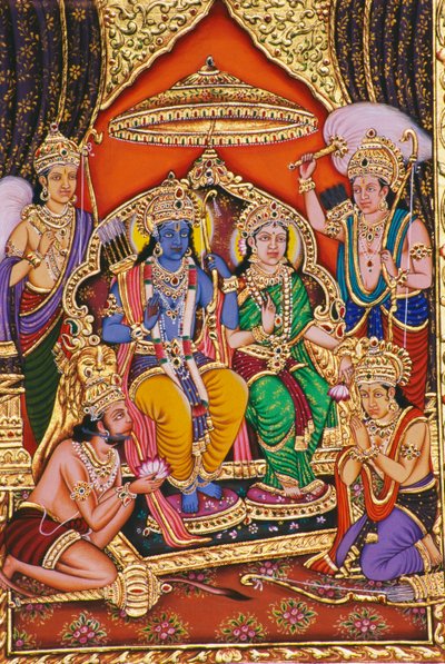 Ram Darbar Miniature Painting on Paper with Embossed by School Indian