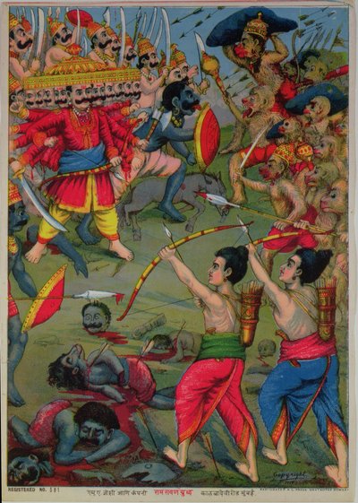 Rama and Lakshmana in Battle with Ravana, Ramayana Epic, c.1914 by School Indian