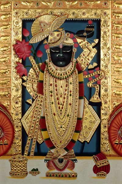 Shri Lord Shree Nathji Or Shreenathji at Nathdwara Miniature Painting on Paper with Gold Embossing by School Indian