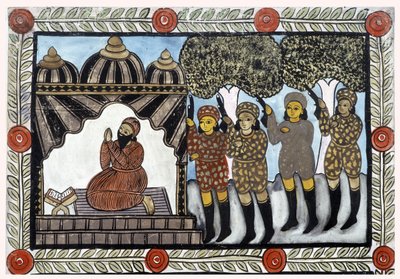 The story of the attacks of 11 September 2001 told by the peddlers Baul from Bengal. Painting, series, number 1/9, Bengal by School Indian
