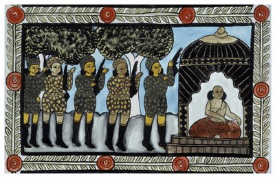 The story of the attacks of 11 September 2001 told by the peddlers Baul from Bengal. Painting, series, number 2/9, Bengal. by School Indian