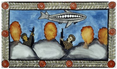 The story of the attacks of 11 September 2001 told by the peddlers Baul from Bengal. Painting, series, number 7/9, Bengal by School Indian