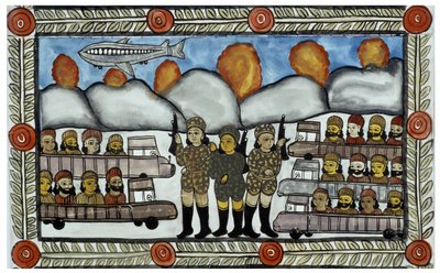 The story of the attacks of 11 September 2001 told by the peddlers Baul from Bengal. Painting, series, number 8/9, Bengal by School Indian