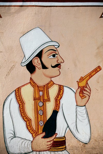 Wall Painting of British Soldier Holding Pistol, Jaipur, Rajasthan, India by School Indian