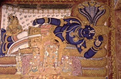 Wall Painting of the God Vishnu Resting on a Snake by School Indian