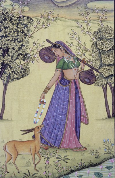 Woman Holding Rudra Veena and Flower Garland Miniature Painting by School Indian