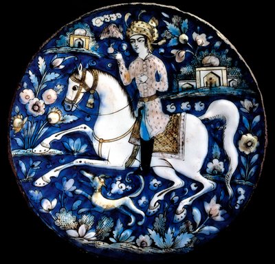 Iranian art: polychrome ceramic dish representing a horse rider by School Iranian