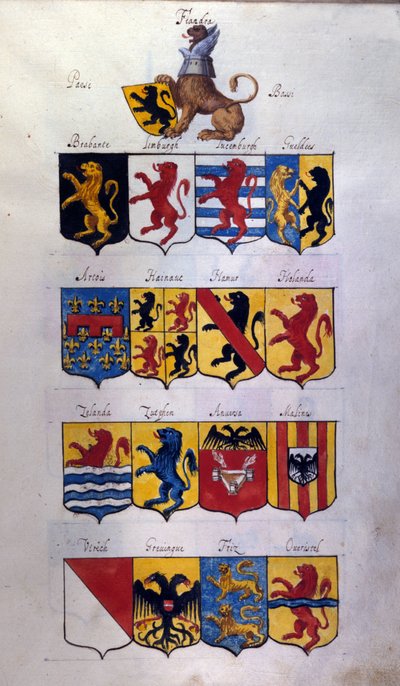 Blazon of the Netherlands (Holland, Flanders, Hainaut) with dragons, Archivio di Stato of Milan by School Italian