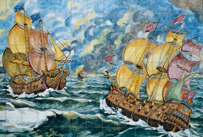 Ceramic Panel Depicting Two Sailing Ships (detail) by School Italian