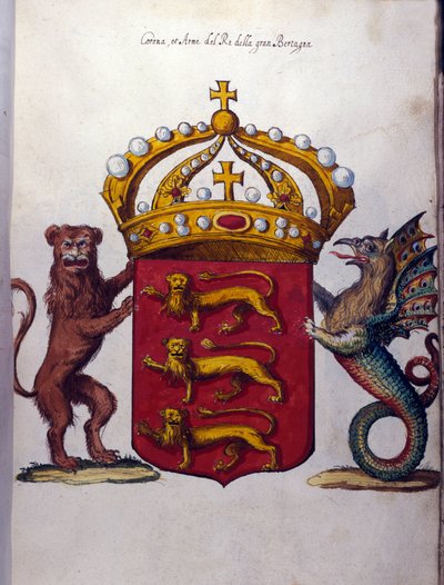 Coat of arms of the British royal family decorates a crown, a lion, and a fantastic creature. State Archive, Milan by School Italian