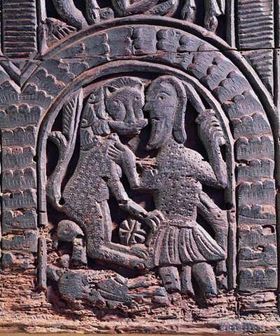 Detail of a lion hunt from a medieval chest by School Italian