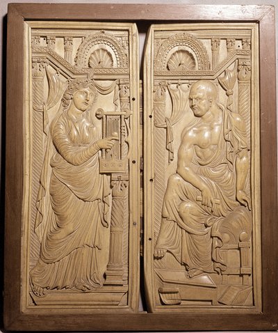Diptych of Claudianus Called Diptych of Poet and Muse (Low Ivory Relief, Early 6th Century) by School Italian