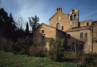 Exterior view of the church of Saint Vincent and Saint Anasthasius the Abbey of the Three Fountains (Tre-Fontane) by School Italian