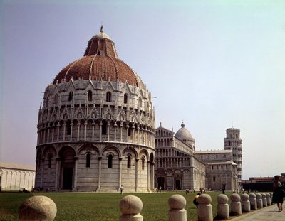 Medieval Architecture: View of the Baptistery, the Dome, and the Tower of Pisa on the Campo dei Miracoli, Italy by School Italian