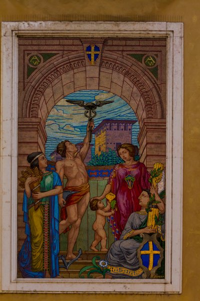 Mosaic on facade of building in Corso Emanuele II, beside Banca Agricola Mantovana, Mantua (UNESCO World Heritage List, 2008), Lombardy, Italy by School Italian