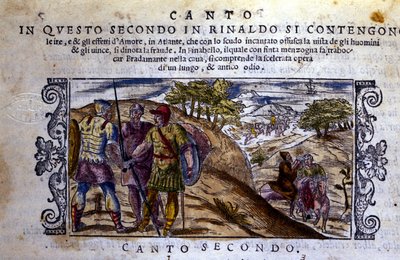 On the right Angelique meets a hermit who will stop the fight between Renaud and Sacripant for the horse Bayard - Scene taken from the knightly poem of 