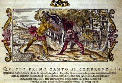 Representation of the fight between Ferragus and Renaud, both in love with the beautiful Angelica. Scene taken from the knight poem 