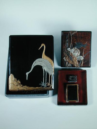 Box depicting two cranes and a writing case depicting a swallow, Edo Period by Japanese School