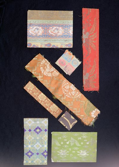 Fragments of fabric used for obi sashes, kimonos, No costumes and Kesa costumes for priests by Japanese School