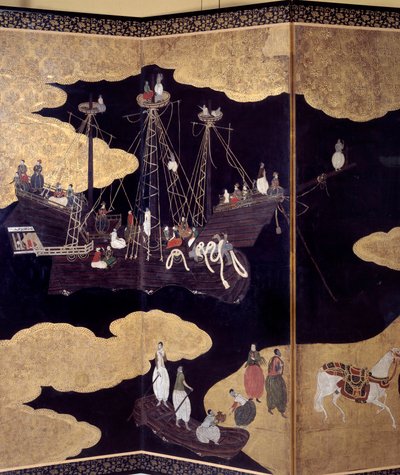 Portuguese screen: a representation of the arrival of Portuguese Jesuit missionaries in Japan in the 16th century (detail) by Japanese School