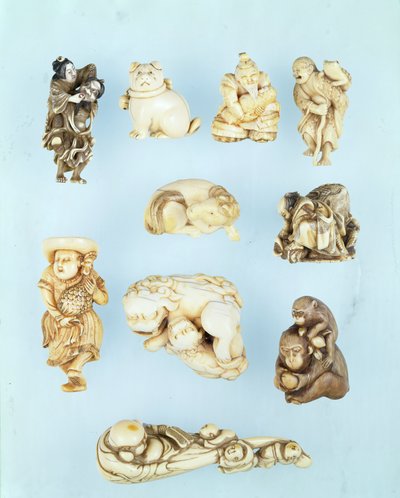 Selection of Netsuke: Ikkuha Sennin Carrying the Harlot of Benares; Seated Puppy; Abe no Yasuneri Holding a Baby; Gamma Sennin; Recumbent Horse; Warrior Subduing a Runaway Ox; Standing Dutchman Holding a Long-Tailed Cockerel; Seated Ape Holding a Peach by Japanese School