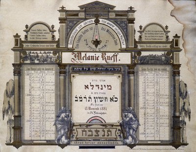 Memorial calendar for Future Mortuary Services of a deceased close relative. Jahrzeit painting. Jewish Museum Basel, Switzerland. by School Jewish