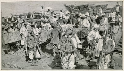 Korean Porters in Chemulpo Harbour, Unloading Junks - Illustration after 19th Century Photography by J. de Pange, From Travel in Korea by Doctor Hagen by School Korean