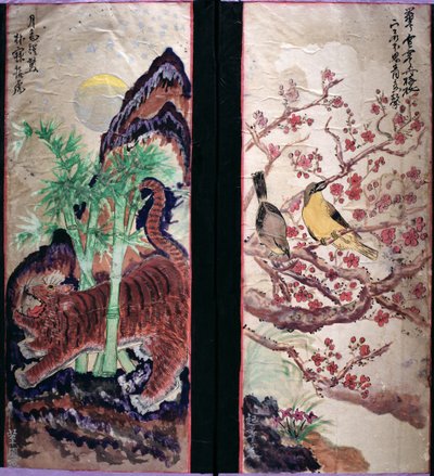 Two Panels of an Eight Fold Screen Depicting Birds and Flowers by School Korean
