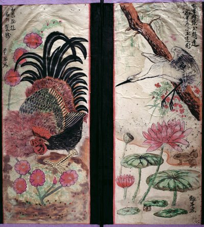 Two Panels of an Eight Fold Screen Depicting Birds and Flowers by School Korean