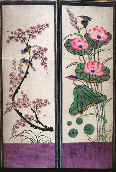 Two Panels of an Eight Fold Screen Depicting Birds and Flowers by School Korean