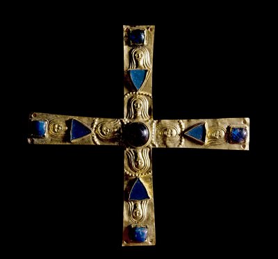 Archaeology of the Middle Ages. Barbarian art of Lombardy: Cross of Gisulfo, in bumped gold leaf with semi-precious stones. Made by a Lombard master of the 7th century. Italy, Cividale del Friuli, Musee archeol by School Lombard