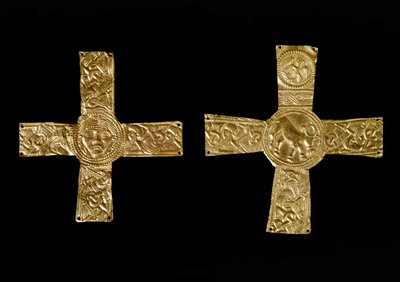 Archaeology of the Middle Ages: Barbarian Art of Lombardy: Pectoral Crosses in Gold Leaves. 7th Century. Italy, Cividale del Friuli, Archaeological Museum by School Lombard
