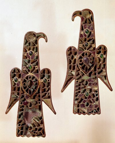 Merovingian Art: Pair of Fibulae (Safety Pin) Aqualiformes (Eagles). Enamel Cloisonné, 6th century, Merovingian Dynasty. From Castelsagrat. Musee Cluny, Paris by School Merovingian