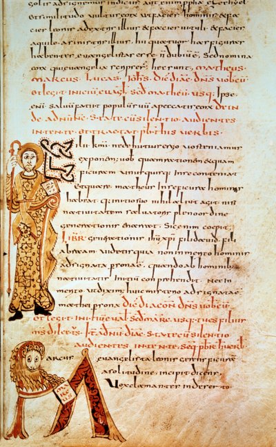Saint Matthew; Letter M (Head of the Lion of Saint Mark). Page in Sacramentary of Gellone, Folio 42 by School Merovingian