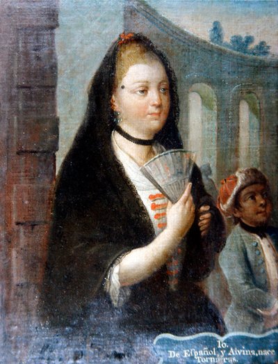A Portrait of a Lady with a Black Veil Holding a Fan by School Mexican