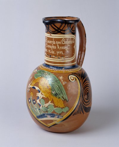 Folk art: pulque jar (fermented agave alcohol) in painted and varnished terracotta, from Mexico. 1972 Musee de la Vallee, Barcelonnette (Alpes de Haute Provence) by School Mexican