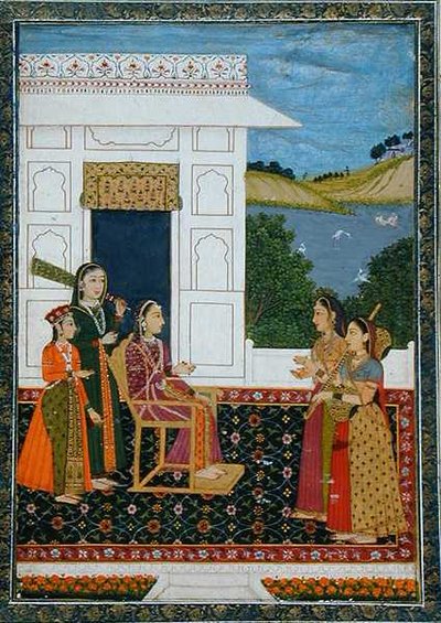A lady with attendants on a terrace, from the Small Clive Album by School Mughal