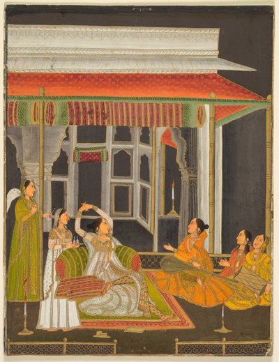 A Princess on a Terrace with Attendants at Night; Calligraphy, c. 1760 by School Mughal
