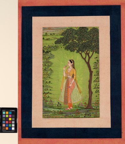 A woman standing by a tree, holding a flower by School Mughal