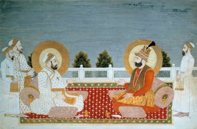 Indian Art: Representation of Mohammed Shah (1702-1748) Indian Emperor and Nadir Shah (1688-1747), Shah of Iran. Miniature of the Mughal School. Paris, Musee Guimet, Musee national des Arts Asiatiques by School Mughal