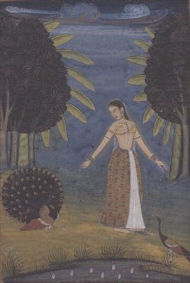 Kakubha Ragini: A Lady Stands in a Glade Feeding Two Peacocks by School Mughal