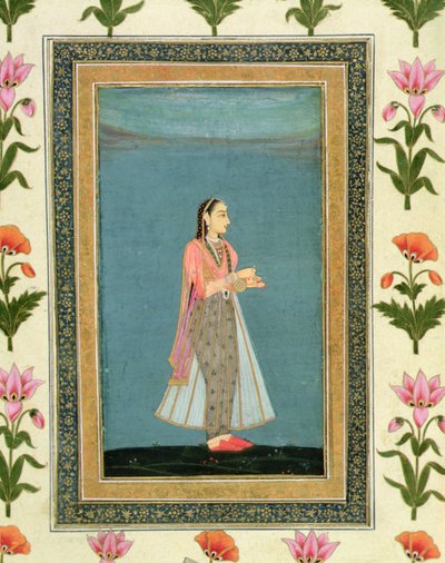 Lady holding a wine flask and cup, from the Large Clive Album by School Mughal