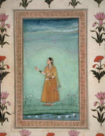 Lady holding fruit, standing by a lily pond, from the Small Clive Album, c.1600 by School Mughal