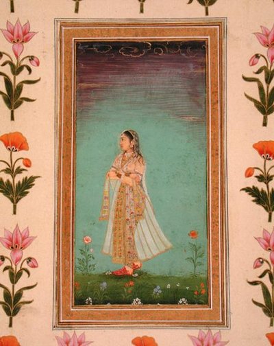 Lady walking through flowers, from the Small Clive Album by School Mughal