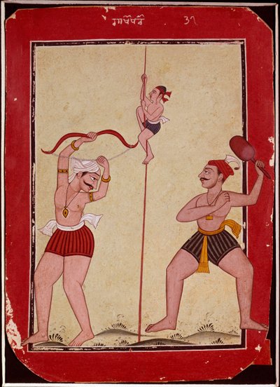 Three athletes during training (rope, archery and snowshoeing game) by School Mughal