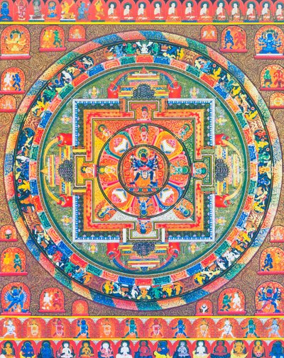 Chakrasambhara Mandala, Depicting the Main Deity Sambhara Embracing His Consort Vajrabarahi Symbolising the Union of Wisdom and Practice to Attain Supreme Bliss by School Nepalese