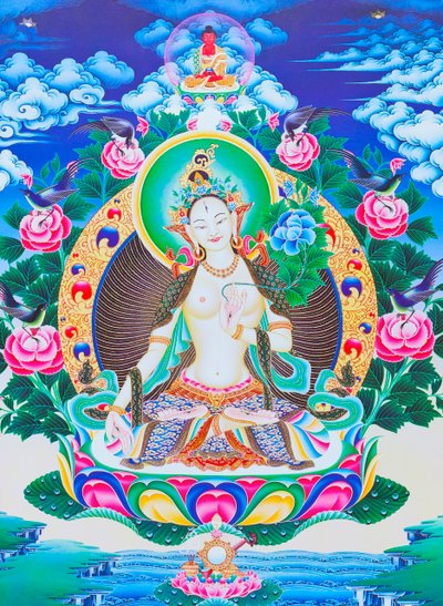 Image Depicting the White Tara, the Seven Eyed Divine Mother Seated on a Lotus with Her Right Hand in Varada Mudra Position Symbolising Generosity by School Nepalese